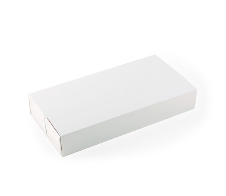 Long cardboard box for sushi with a sleeve.