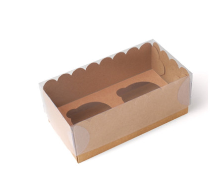 Caja de cartón en color kraft para dos cupackes con tapa transparente