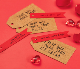 Red and Kraft coloured labels with messages